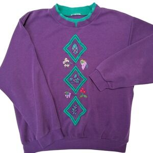 Vintage 90s Embroidered  Pullover Purple Teal Double Collar Cottagecore